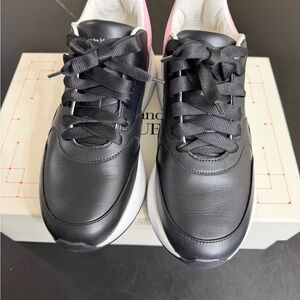 Black Leather Sneakers with Pink Heel Accent